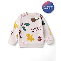 Bonfino Cotton Mix Fleece Knit Oversized Sweatshirt with Full Sleeves and Christmas Print - Pink