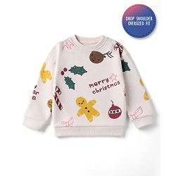 Bonfino Cotton Mix Fleece Knit Oversized Sweatshirt with Full Sleeves and Christmas Print - Pink