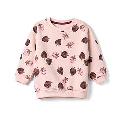 Bonfino Cotton Mix Fleece Knit Oversized Sweatshirt with Full Sleeves & Strawberry Print - Pink