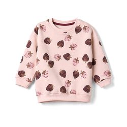 Bonfino Cotton Mix Fleece Knit Oversized Sweatshirt with Full Sleeves & Strawberry Print - Pink