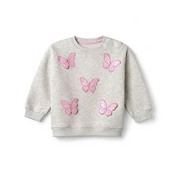 Bonfino Cotton Fleece Knit Oversized Sweatshirt with Full Sleeves and Butterfly Applique - Light Grey