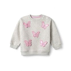 Bonfino Cotton Fleece Knit Oversized Sweatshirt with Full Sleeves and Butterfly Applique - Light Grey