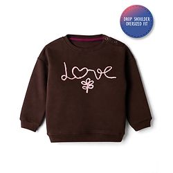 Bonfino Cotton Fleece Knit Oversized Sweatshirt With Full Sleeves and Love Cord Embroidery in Brown