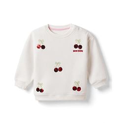 Bonfino Cotton Fleece Knit Oversized Sweatshirt With Full Sleeves and Cherries Sequin Embroidery - White