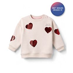 Bonfino Cotton Fleece Knit Oversized Sweatshirt With Full Sleeves and Heart Sequin Embroidery - Pink