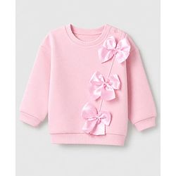 Bonfino Cotton Fleece Knit Oversized Sweatshirt with Full Sleeves and Satin Bows Applique - Pink