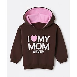 Bonfino Cotton Fleece Knit Oversized Hoodie with Full Sleeves and I Love My Mom Text Print - Brown