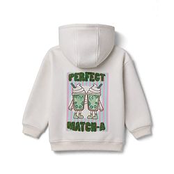 Bonfino Cotton Mix Fleece Knit Oversized Hoodie with Full Sleeves & Matcha Print at Front & Back - Off White