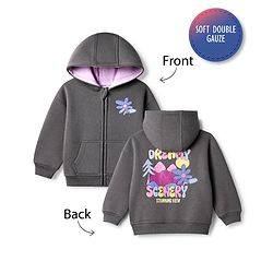 Bonfino Cotton Fleece Mixes Knit Hooded Jacket with Kangaroo Pocket & Full Sleeves and Front & Back Landscape Print - Grey
