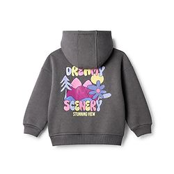 Bonfino Cotton Fleece Mixes Knit Hooded Jacket with Kangaroo Pocket & Full Sleeves and Front & Back Landscape Print - Grey