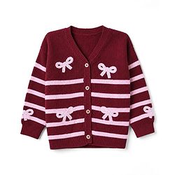 Bonfino 100% Cotton Knit Front Open Sweater with Full Sleeves, Chunky Knit and Bow Embroidery in Multi Color for 3-6 Months