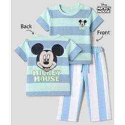 Bonfino Disney 100% Cotton Single Jersey Knit Half Sleeves T-Shirt and Pant with Stripes and Mickey Mouse Front & Back Print - Light Blue