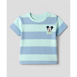Bonfino Disney 100% Cotton Single Jersey Knit Half Sleeves T-Shirt and Pant with Stripes and Mickey Mouse Front & Back Print - Light Blue
