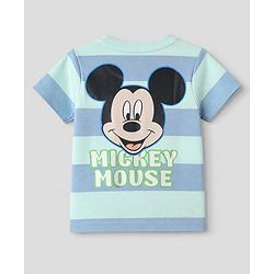 Bonfino Disney 100% Cotton Single Jersey Knit Half Sleeves T-Shirt and Pant with Stripes and Mickey Mouse Front & Back Print - Light Blue