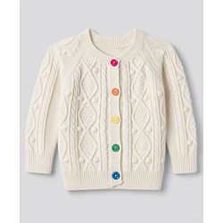 Bonfino 100% Cotton Knit Full Sleeves Front Open Sweater With Cable Knit Design - OffWhite