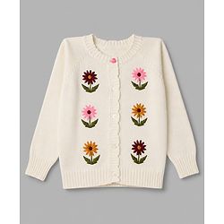 Bonfino 100% Cotton Knit Full Sleeves Front Open Sweaters with Floral Embroidery - White