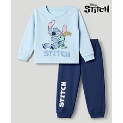 Bonfino Disney 100% Cotton Single Jersey Knit Full Sleeves T-Shirt & Pyjama Set With Stitch Graphic - Navy Blue