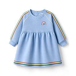 Bonfino Cotton Mix Knit Full Sleeves Winter Frock With Rainbow Embroidery in Blue