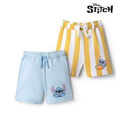 Bonfino Disney Single Jersey Knit Knee Length Shorts With Stitch Graphic Pack of 2 - Yellow & Light Blue