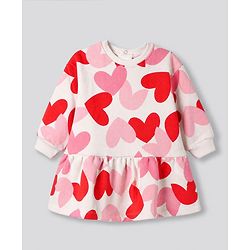 Bonfino Knit Winter Frock with Full Sleeves and Hearts Print in Pink for 6-9 Months