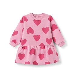 Bonfino Cotton Mix Knit Oversized Winter Frock with Full Sleeves and Hearts Print in Pink