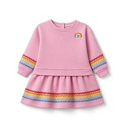 Bonfino Cotton Fleece Knit Oversized Dress with Full Sleeves and Rainbow Print - Pink