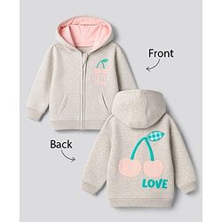 Bonfino Cotton Mix Fleece Knit Oversized Full Sleeves Hooded Jacket with Cherry & Text Print & Kangaroo Pocket - Light Grey