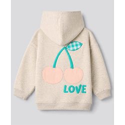Bonfino Cotton Mix Fleece Knit Oversized Full Sleeves Hooded Jacket with Cherry & Text Print & Kangaroo Pocket - Light Grey