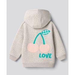 Bonfino Cotton Mix Fleece Knit Oversized Full Sleeves Hooded Jacket with Cherry & Text Print & Kangaroo Pocket - Light Grey