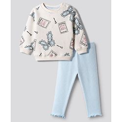 Bonfino Cotton Fleece Knit Full Sleeves Oversized Sweatshirt and Legging Set with Bow & Cat Print - White & Blue