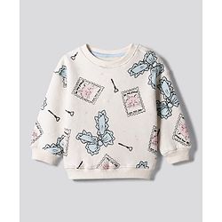 Bonfino Cotton Fleece Knit Full Sleeves Oversized Sweatshirt and Legging Set with Bow & Cat Print - White & Blue