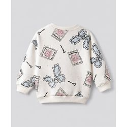 Bonfino Cotton Fleece Knit Full Sleeves Oversized Sweatshirt and Legging Set with Bow & Cat Print - White & Blue
