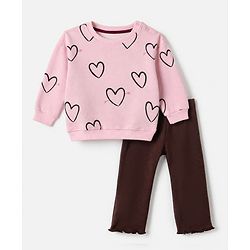 Bonfino Cotton Mix Knit Full Sleeves Oversied Winter Wear Suit With Heart Print - Pink