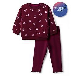 Bonfino Cotton Mixes Fleece Knit Full Sleeves Sweatshirt and Leggings with Cherries Print - Brown