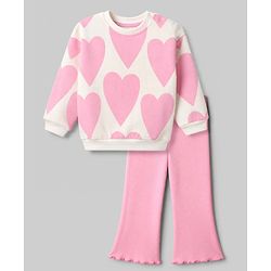 Bonfino Cotton Fleece Knit Full Sleeves Oversized Sweatshirt and Pant Set with Heart Print - Off White & Pink