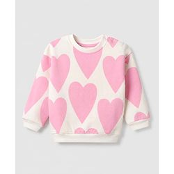 Bonfino Cotton Fleece Knit Full Sleeves Oversized Sweatshirt and Pant Set with Heart Print - Off White & Pink