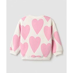 Bonfino Cotton Fleece Knit Full Sleeves Oversized Sweatshirt and Pant Set with Heart Print - Off White & Pink