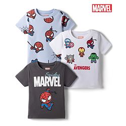 Bonfino Marvel Cotton T-Shirts with Half Sleeves and Avengers Print in Blue , White & Grey Pack of 3 for 3-6 Months
