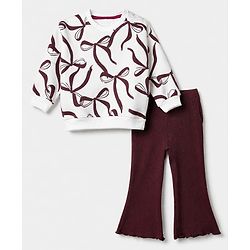 Bonfino Cotton Knit Port Royale Full Sleeves Oversized Winter Sweatshirt and Pyjama Set with Bow Print - White & Brown