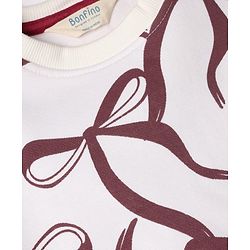 Bonfino Cotton Knit Port Royale Full Sleeves Oversized Winter Sweatshirt and Pyjama Set with Bow Print - White & Brown