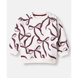 Bonfino Cotton Knit Port Royale Full Sleeves Oversized Winter Sweatshirt and Pyjama Set with Bow Print - White & Brown