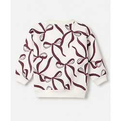 Bonfino Cotton Knit Port Royale Full Sleeves Oversized Winter Sweatshirt and Pyjama Set with Bow Print - White & Brown