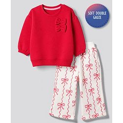 Bonfino Cotton Mix Knitfull Sleeves Winter Wear Set With Oversized Sweatshirt Bow Applique and All Over Bow Print in Red White