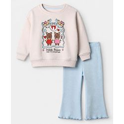 Bonfino Cotton Mix Knit Full Sleeves Oversized Winter Sweatshirt and Leggings Set With Bear Print - Pink & Aqua Blue