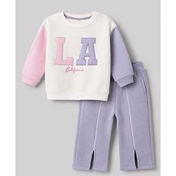 Bonfino Cotton Mixes Fleece Knit Full Sleeves Oversized Sweatshirt and Pant Set with LA Applique - Off White & Purple