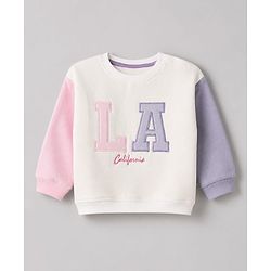 Bonfino Cotton Mixes Fleece Knit Full Sleeves Oversized Sweatshirt and Pant Set with LA Applique - Off White & Purple
