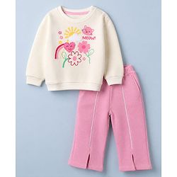 Bonfino Cotton Mix Fleece Knit Full Sleeves Oversized Winter Sweatshirt and Pyjama Set with Applique - Off White & Pink