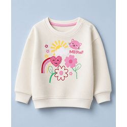 Bonfino Cotton Mix Fleece Knit Full Sleeves Oversized Winter Sweatshirt and Pyjama Set with Applique - Off White & Pink