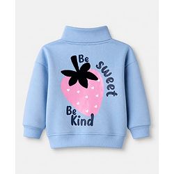 Bonfino Cotton Mixes Fleece Knit Full Drop Shoulder Sleeves Oversized Sweatshirt and Pant Set with Strawberry Print - Light Blue