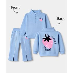 Bonfino Cotton Mixes Fleece Knit Full Drop Shoulder Sleeves Oversized Sweatshirt and Pant Set with Strawberry Print - Light Blue